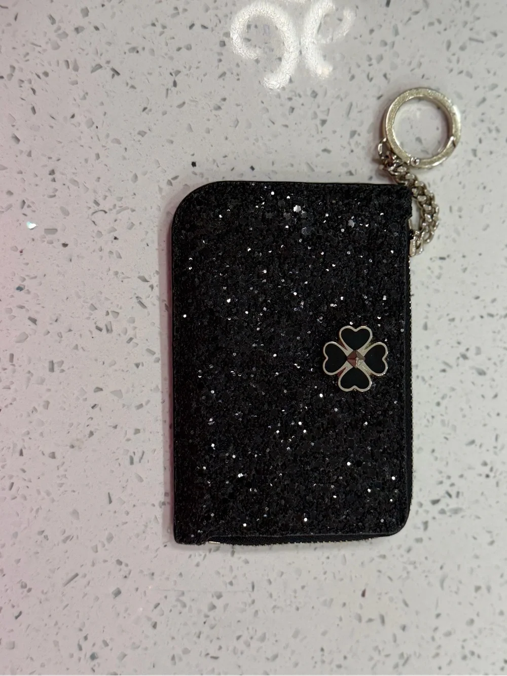 Kate Spade Black Glitter Card Holder Wallet with Clover Charm